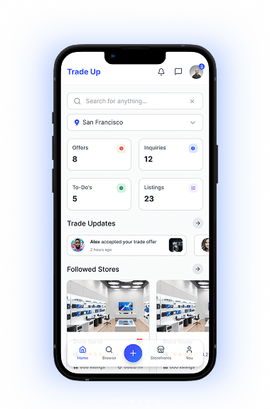 Trade Up app interface showing dashboard with offers, inquiries, and trade updates